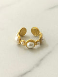 Mercan Stainless Steel Adjustable Ring w White Beads